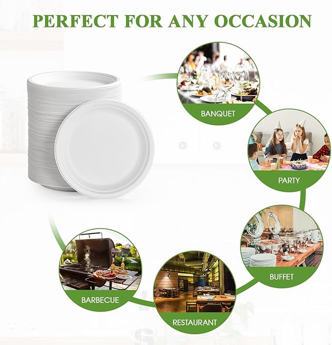 Vplus 350 Pack Paper Plates 7 inch 100% Compostable Heavy-Duty Disposable Paper Plates Bagasse Natural Biodegradable Eco-Friendly Sugarcane(White)
