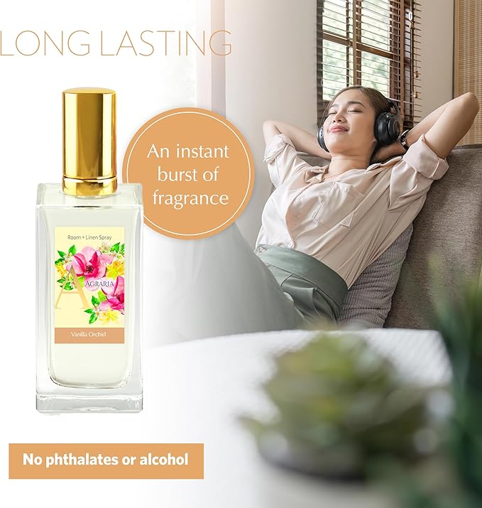 Agraria Vanilla Orchid Room and Linen Spray 3.4 Oz Sweet Rich Air Freshener Spray Fabric Perfume for Bathroom Bed Sheets Car Interiors Closet