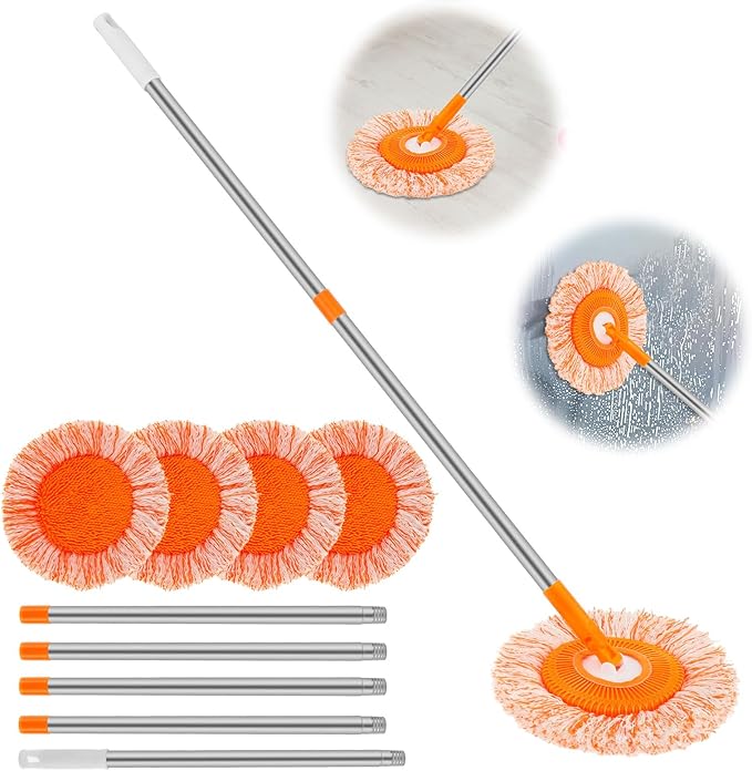 Wall Cleaner Mop with 90 Long Handle Baseboard Cleaner Tool Duster Round Dust Mop with 5 Replacement Pads  Dry and Wet Ceiling Cleaning Tool for Painted Walls Window Floor