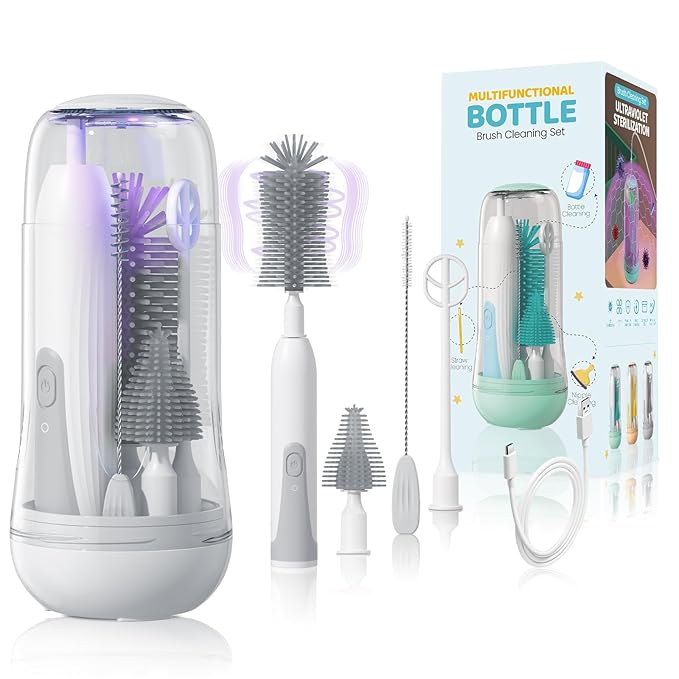 IvyWind Electric Travel Baby Bottle Brush Set with Storage Box Automatic Bottle Cleaner Brush Kit with Silicone Bottle/Nipple/Straw Brush Milk Frother Electric and Drainage Rack Rechargeable Gray