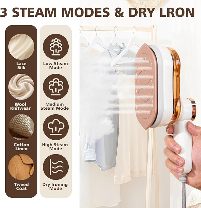 2 In 1 Portable Ironing Machine Handheld Clothing Steam Iron 180°Rotation LED Display Ironing Mode 1200W +15 Seconds Fast Heating 7-Hole Pressurized Steam 4-Speed Ironing (Off White)