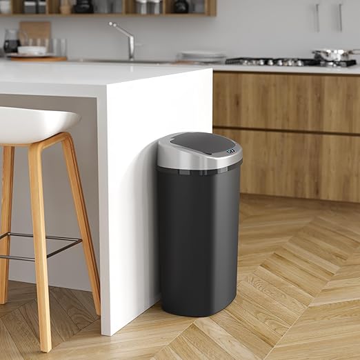 iTouchless 13 Gallon Sensor Kitchen Trash Can with Lid and Odor Filter Durable Dent-Proof Automatic Waste Basket Garbage Bin Great for Home Office Business Slim Space-Saving Oval Black Plastic