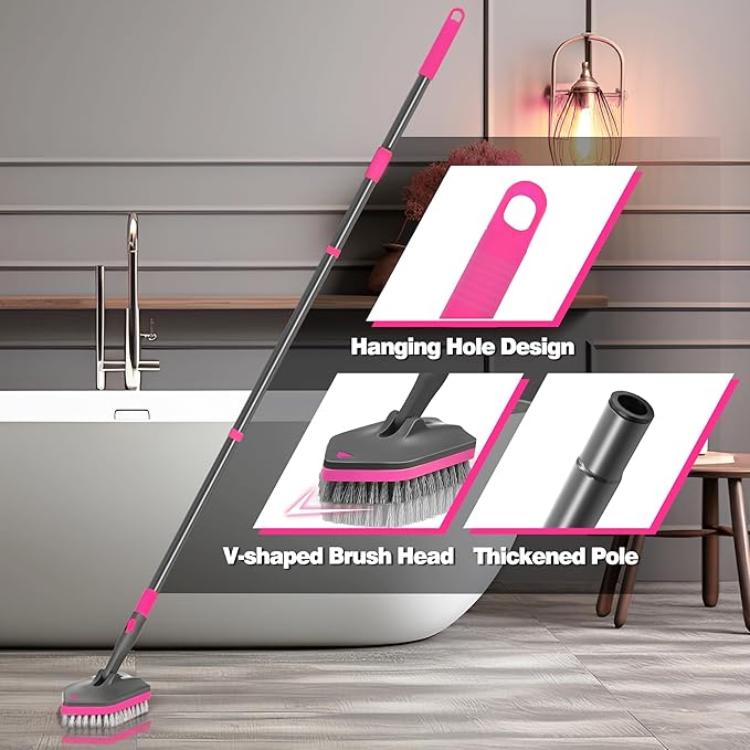 NEWE Shower Cleaner Brush Tub Tile Scrubber with Telescopic Long Handle 60 inches 4 Scrub Heads for Cleaning Bathroom Bathtub Floor Baseboard Sink Kitchen Toilet (Grey Red)