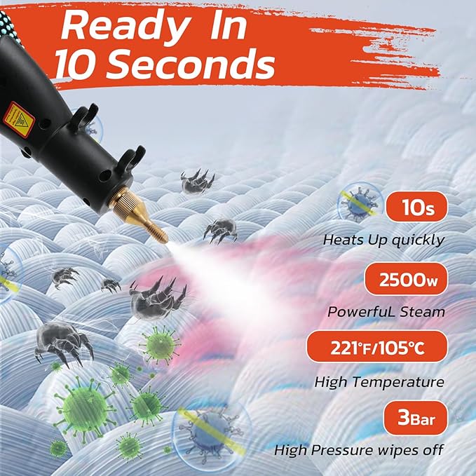 2500W High Pressure Handheld Steamer1500ml Steam Cleaner for CleaningPortable Steam Cleaner for Home Use High-Temperature Steamer Cleaner for Car Detailing Kitchen Bathroomfor Home Shower All Sur