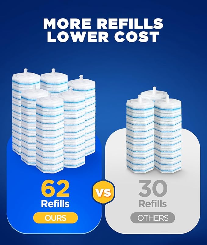 62 Count Toilet Wand Refills For Clorox Wand 3-Layer Brush Heads with Upgraded Toilet Bowl Cleaners For 99.9% Stains Removal