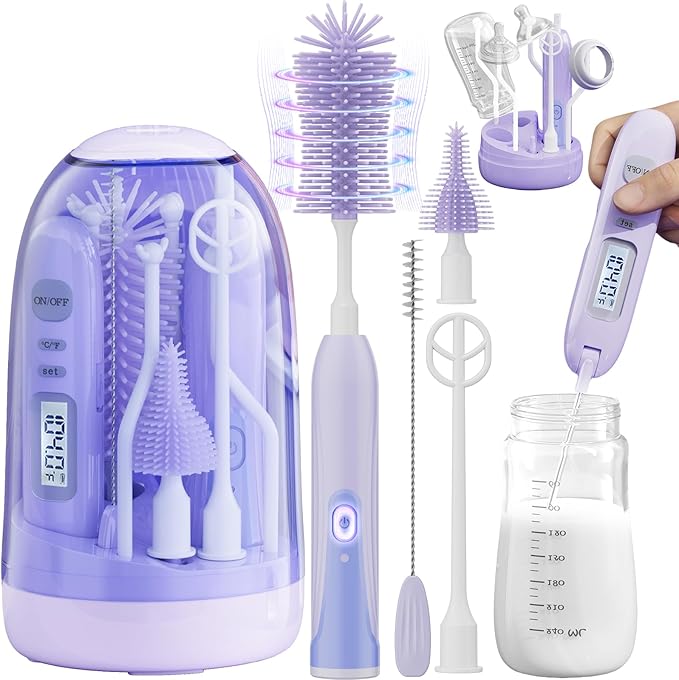 Electric Bottle Brush CleanerRechargable Electric Baby Bottle Brush Cleaner with ThermometerSilicone Bottle/Nipple/Straw BrushDrying RackTravel Bottle Cleaner Kit for New Moms (Violet)