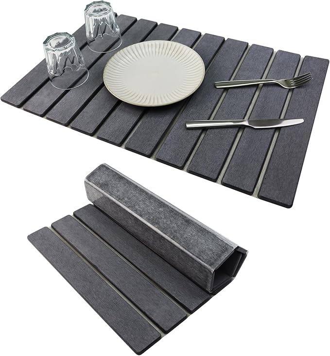 Large Stone Drying Mat for Kitchen Counter Diatomaceous Earth Collapsible 24”（L）*16”（W）Super Heat Resistant Mats Quick Absorbent Dish Drying Rack（Dark Gray）