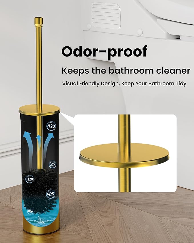Toilet Brush and Holder Set Toilet Bowl Brush for Bathroom with Long Handle Stainless Steel Toilet Cleaner Brush with Durable Scrubbing BristlesSplash-Prooft (Brushed Gold)