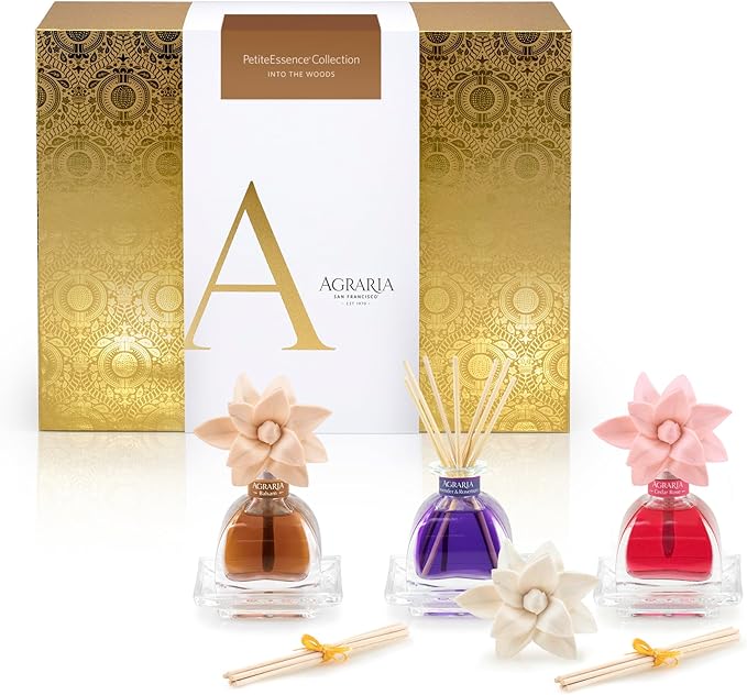 AGRARIA Into The Woods PetiteEssence Collection Handmade Sola Flower Reed Diffuser Set of 3 Luxury Home Fragrance Scented Oil Diffuser Gift Set