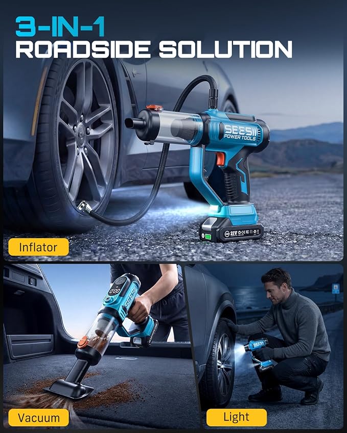 SEESII 3-in-1 Tire Inflator: Portable Air Compressor &amp Car Vacuum Cordless &amp Led Work Light with 2×2000mAh Batteries 21V Tire Air Pump 150PSI w/Digital Gauge+Auto-Shutoff for Ball/Bike/Car/Ho