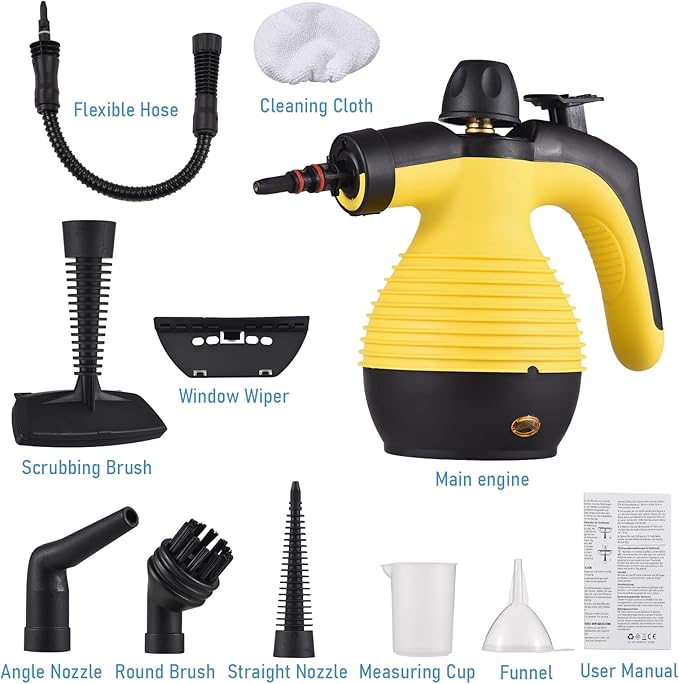 Decdeal Handheld Steam Cleaner 1050W Multifunctional High Temperature Pressurized Steam Cleaning Machine with 9PCS Accessory 110V (Yellow1)