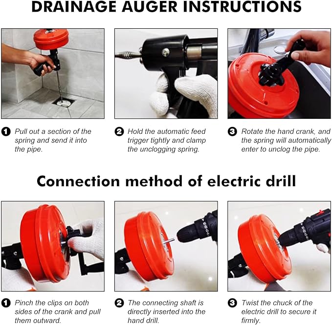 Drain Auger 16 Ft with Gloves Flexible Plumbing Snake Drain Auger Hair Clog Remover for Shower Bathtub Drain Bathroom Sink Kitchen Cleaning