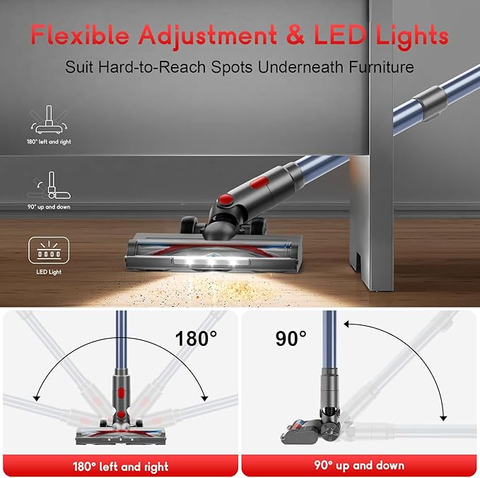 Cordless Stick Vacuum Cleaner - Rechargeable 35Kpa Powerful Vacuums with Detachable Battery LED Display 45Mins Runtime 8 in 1 Handheld Vacuum for Hardfloor &amp Carpets Pet Hair Red