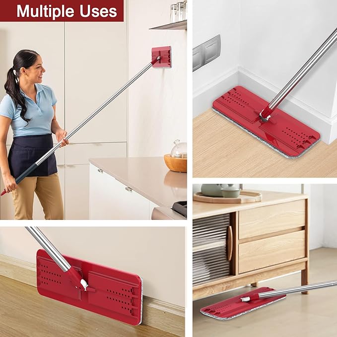 Hands-Free Mop and Bucket Set with 3 Washable Pads Wet/Dry Floor Cleaning System Red/Black