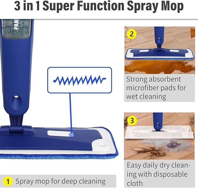 Mop for Multi-Purpose Floor Premium Spray Mop 18 inch Professional Hardwood Wet and Dry Cleaning Mops with 3 Resuable Pads and Refilled Bottle Blue