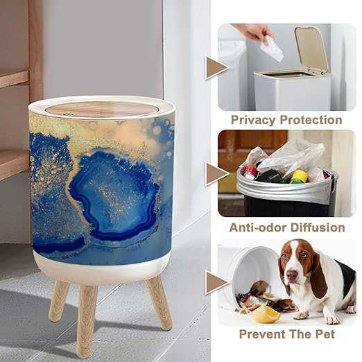 Small Trash Can with Lid Navy Blue Gold Abstract Marble 1.8 Gallon/7L Garbage Can Waste Bin with Press Top Lid Legs Waste Basket for Bathroom Kitchen Bedroom