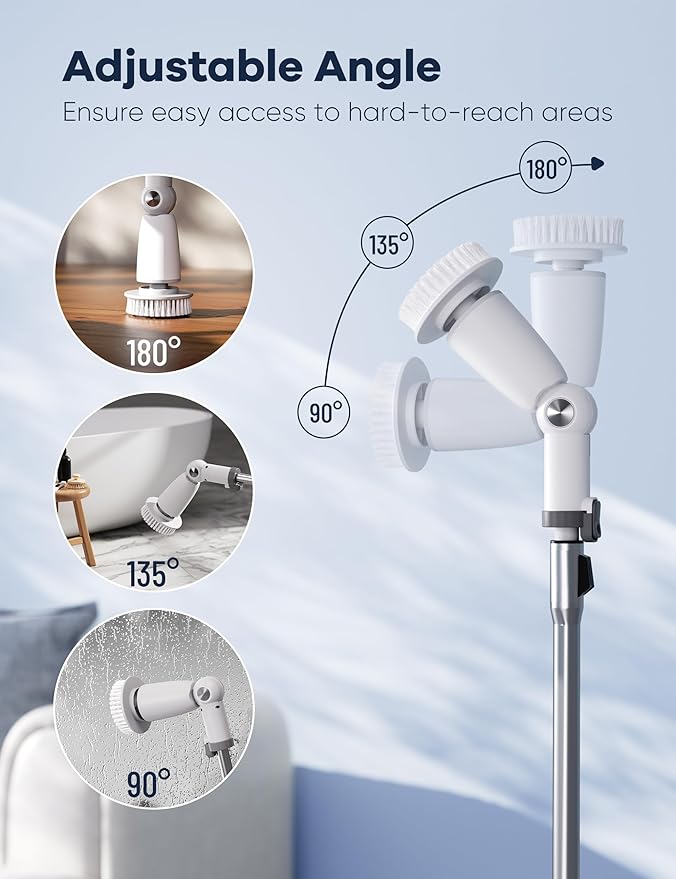 Electric Spin ScrubberFloor Power Scrubber with Long Handle Dual SpeedsCleaning Brush CordlessShower Scrubber Scrub Brush with 3 Adjustable Angles8 Brush Heads for Bathroom Tile