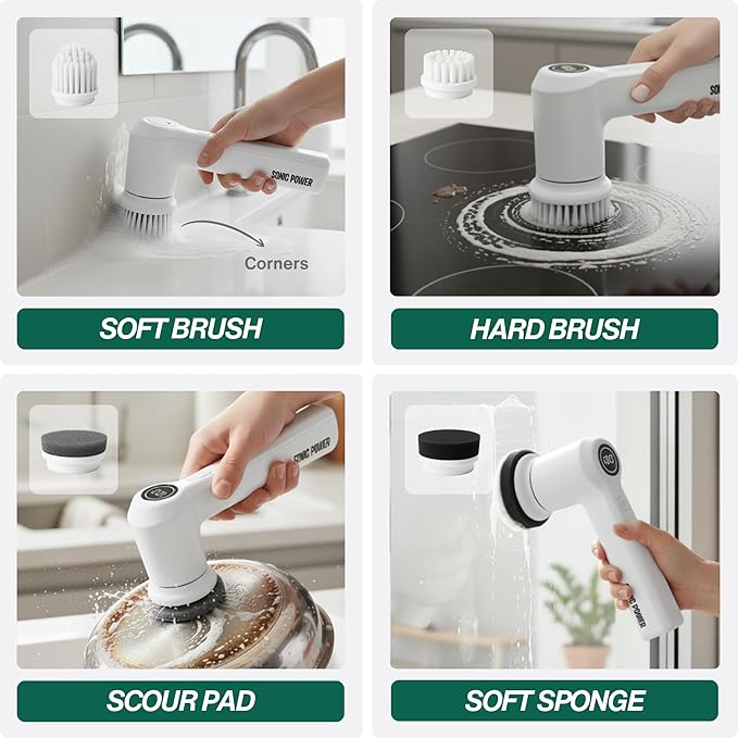 Electric Spin Scrubber – Handheld &amp Ergonomic IPX7 Waterproof 4 Multi-Purpose Brush Heads Long-Lasting Rechargeable Battery – Cleans Dishes Bathroom Tile Grout &amp Kitchen (White)