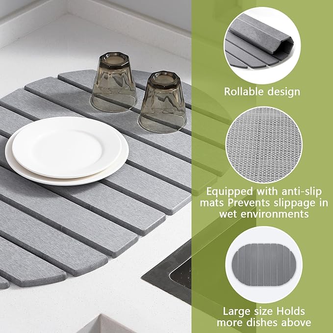 Quick Dry Stone Mat Stone Drying Mat for Kitchen Counter Large Dish Drying Mat - Diatomaceous Earth Dish Drying Mats Modern Fast Dry Pad for Bathroom 24x16 DarkGray