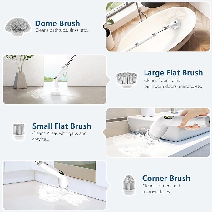 Electric Spin Scrubber 2024 New Full-Body IPX7 Waterproof Cordless Bathroom Scrubber with 4 Replaceable Heads Adjustable Extension Handle Shower Cleaning Brush for Bathtub Grout Tile Floor