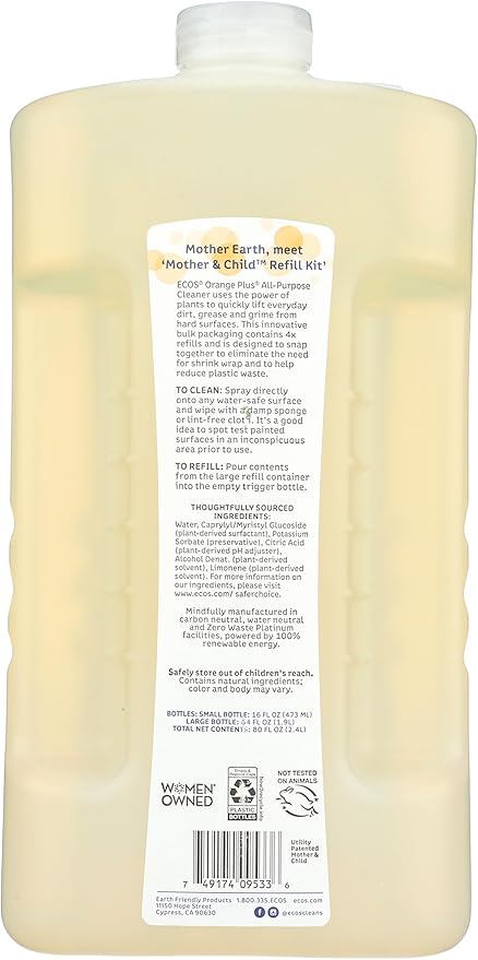 ECOS Non-Toxic All-Purpose Cleaner Orange 1 Small and 1 Large 80 oz Bottles by Earth Friendly Products