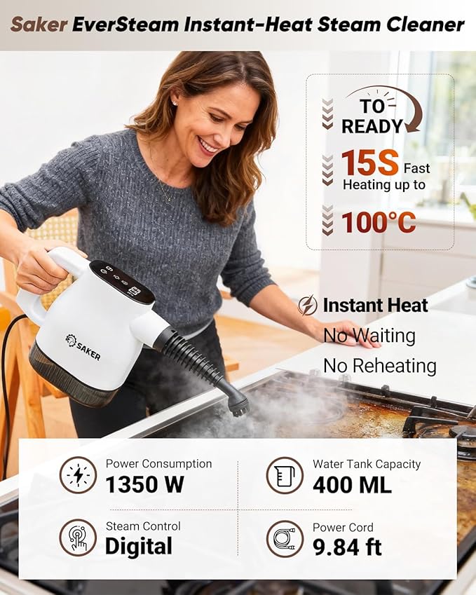 Saker EverSteam Instant-Heat Steam Cleaner for Home + Saker Pressurized Handheld Steam CleanerSteam Disinfection Cleaner with 5 Fiber Cloths