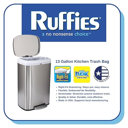 Ruffies Tall Kitchen Trash Bags - 13 Gallon 320 Total Bags (8 Packs of 40 Count) Right-Fit Drawstring – White Bags