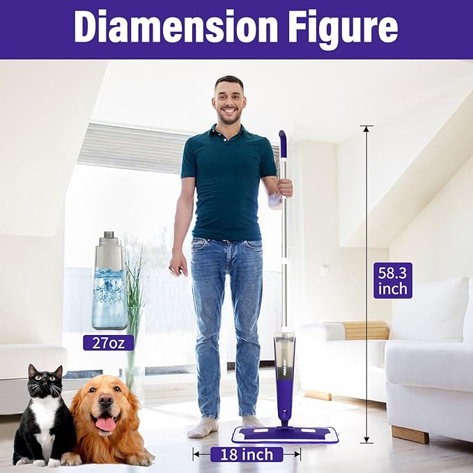 Mops for Floor Cleaning Wet and Dry Spray Mop with Refillable Spray Bottle and 3 Washable Microfiber Pads Home or Commercial Use Flat Mop for Hardwood Laminate Wood Ceramic Purple