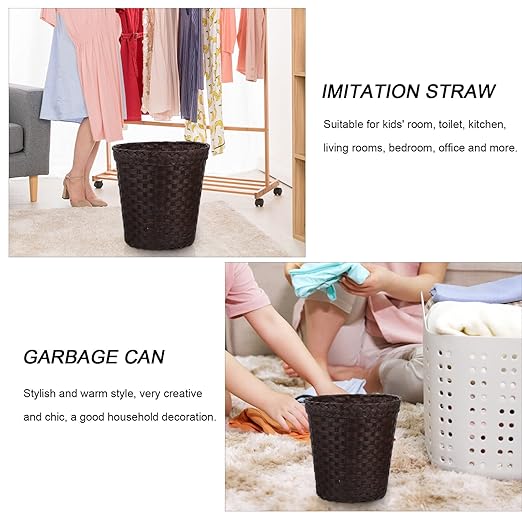 TEHAUX Wicker Laundry Basket Round Bathroom Basket Straw Trash Can Simple Storage Baskets Household Waste Paper Basket Rattan Basket for Bathrooms and Bedrooms (Coffee)
