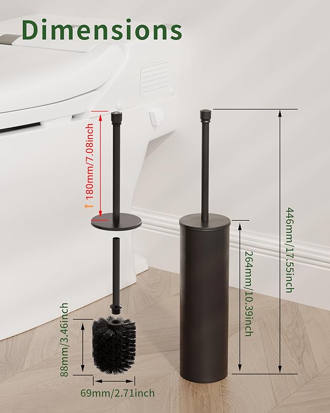 Toilet Brush and Holder Set Toilet Bowl Brush for Bathroom with Long Handle Stainless Steel Toilet Cleaner Brush with Durable Scrubbing BristlesSplash-Proof (Matte Black)