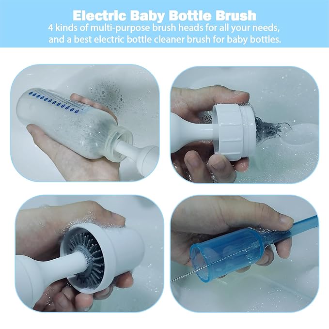 Electric Baby Bottle Brush Set with Rechargeable Electric Bottle Brush Cleaner and Replaceable Silicone Bottle Brushes and Straw Brush Cleaner Waterproof Multi-Purpose Cleaning Brush (White)