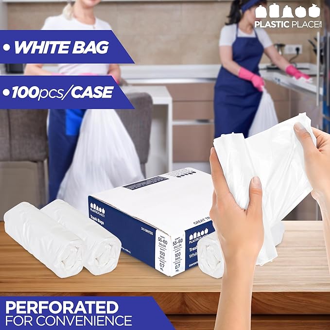 Plasticplace 55-60 Gallon Trash Bags │ 0.7 Mil │ White Heavy Duty Garbage Can Liners │ 38” x 58” 100 Count(Pack of 1)
