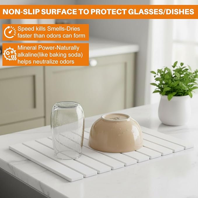 2 Pcs Large Stone Dish Drying Mats for Kitchen Counter 24x16 Water Absorbing Dish Drying Mat with Faucet Mat for Kitchen Sink Non-Slip and Foldable for Dishes Bottles Cups(White)