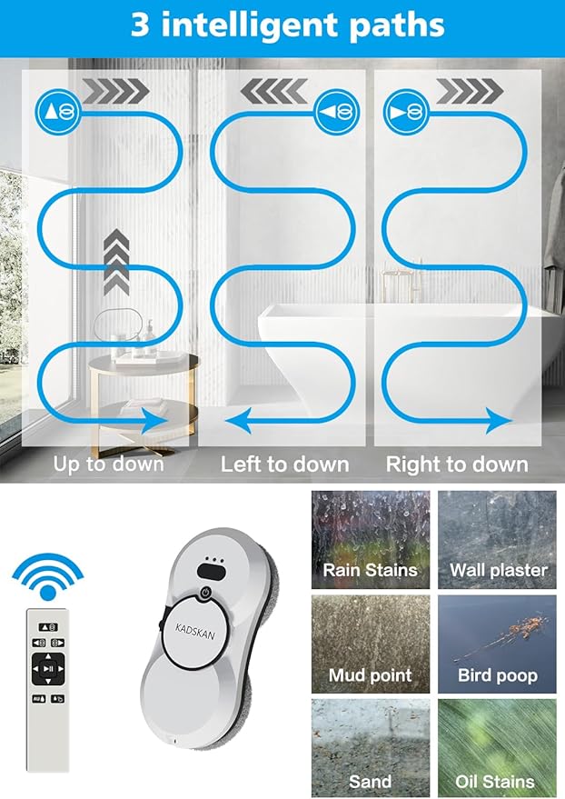 Window Cleaning Robot Automatic Window Cleaner with Water Spray for Windows/Tiles/Class Door Inside/Outside 5600Pa Suction Power 3.0 Path Planning Remote Control