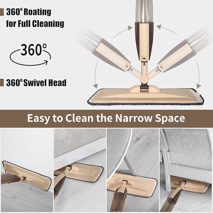 Mops for Floor Cleaning 50 inch Spray Mop with 400ml Refillable Bottle and 2 Replacement Pads Dry Wet FloorCleaning Household or Commercial Use for Hardwood Laminate Tile Ceramic (Brown)