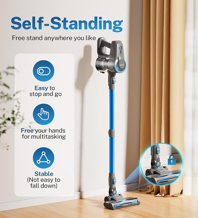 DEVOAC N300 Cordless Vacuum Cleaner 6 in 1 Lightweight Stick Vacuum 2200mAh Battery Up to 40mins Runtime Powerful Handheld Vacuum for Hard Floor Rug Pet Hair Home Dorm (Blue)