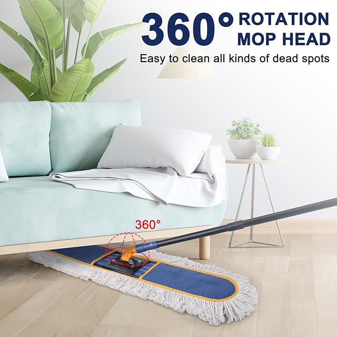KeFanta 36 Commercial Dust Mops for Floor CleaningIndustrial Dry Wet Mop with Heavy Duty Long Handle2 Large Cotton Washable Mop Padsfor HardwoodTileConcreteLaminateGarage Floors(Blue)