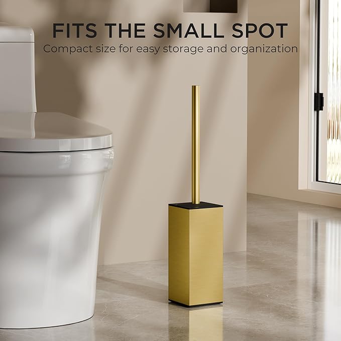 FORIOUS Toilet Brush and Holder Set Heavy Duty 304 Stainless Steel Base Square and Long Handle for Bathroom Deep Cleaning Drip-Proof Space Saving for Storage 2 Toilet Bowl Brush Head Dark Gold