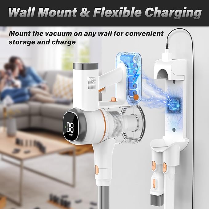 Tikom V500 Cordless Vacuum Cleaner for Home 40000Pa/450W Stick Vacuum with LED Touch Screen Charging Wall Dock Anti-Tangle Lightweight Handheld Vacuum for Pet Hair Hard Floor Carpet