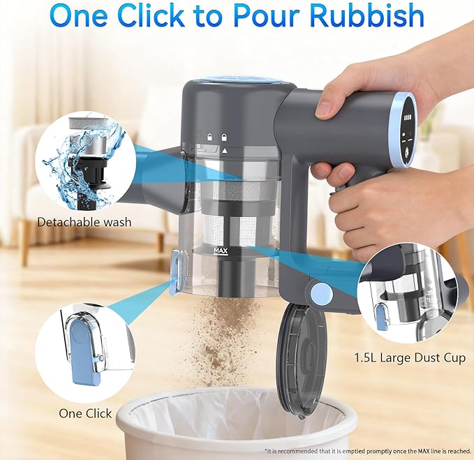 BlueEpic Cordless Vacuum Cleaner 45KPA 45Mins Rechargeable Vacuum Cordless Stick Vacuum with 2 Adjustable Modes Handheld Vacuum for Home/Pet Hair/Carpet/Floor