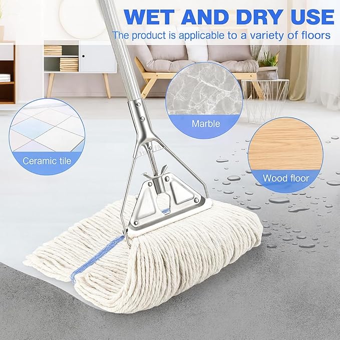 Heavy‑Duty Looped‑End String Wet Mop with Extra Mop Head – 59″ Stainless Steel Pole Large 450 g Cotton Yarn Head for Commercial &amp Industrial Cleaning with Extra Mop Head