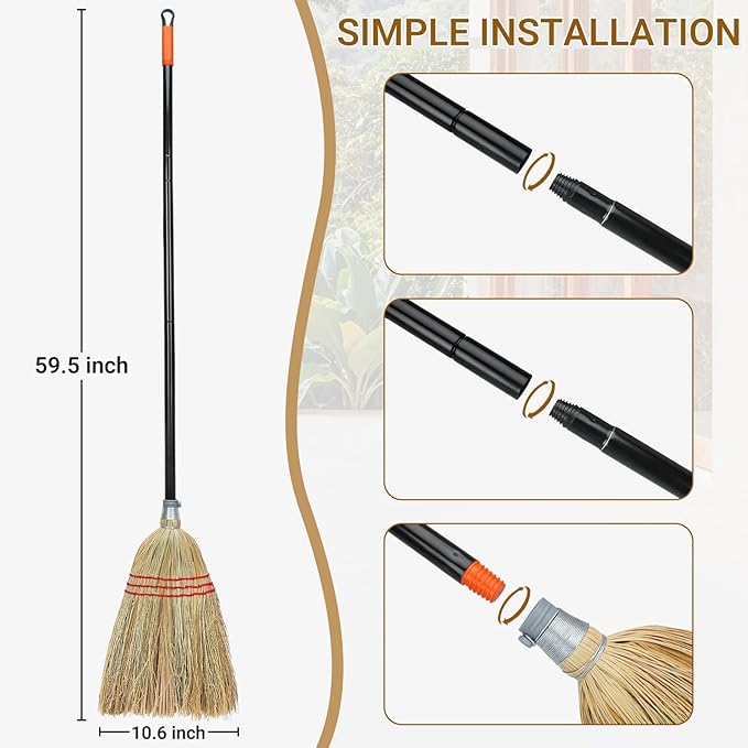 Outdoor Corn Broom Household Indoor and Outdoor Broom Suitable for Sweeping Gravel Fallen Leaves and Sand on Yard Garage Lawn Stone Path and Concrete Floor (Total Length 59)