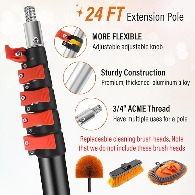 30FT High Window Cleaning Kit with Pole2 in 1 Window Squeegee for Window Cleaning5-24FT Professional Window Clean Pole Kit Include Replacement180°Rotatable Squeegee for Indoor/Outdoor High Windows