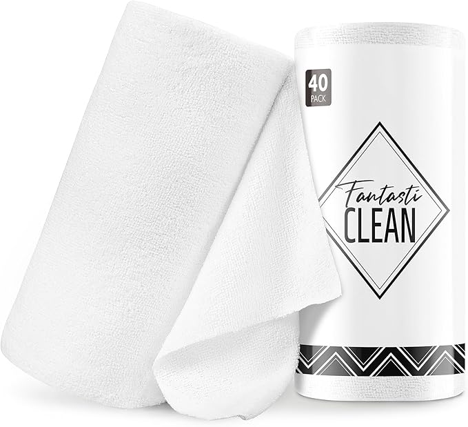 Fantasticlean Microfiber Cleaning Cloth Roll -40 Pack Tear Away Microfiber Towels 12 x 12 Reusable Washable Scratch Free Ultra Absorbent Dishcloth for All-Around Cleaning Supplies (White)