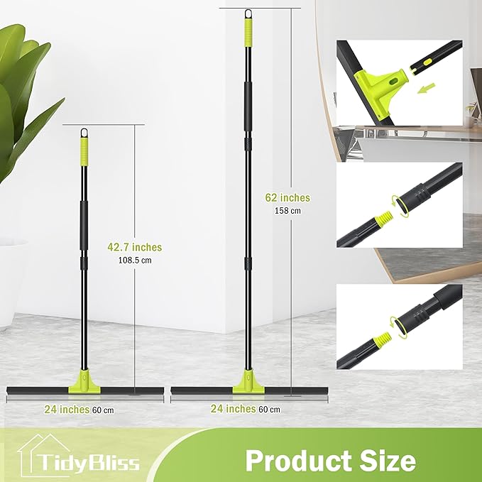 Floor Squeegee Heavy Duty 24” Rubber Foam Water Scraper Broom Epoxy Wiper Mop with 62 inches Long Handle for Cleaning Concrete Pool Rug Garage Deck Shower Window Outdoor Indoor (Green)