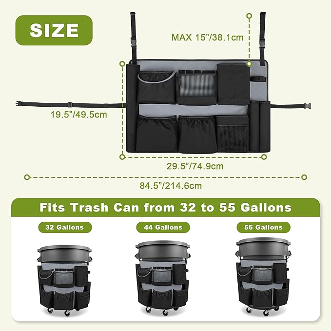 32-55 Gallon Trash Can Caddy Bag Garbage Bin Apron Caddy with Multiple Pockets for Cleaning Supplies Cleaning Tool Organizer with Adjustable Buckle for Janitorial Trash Can Black+Gray