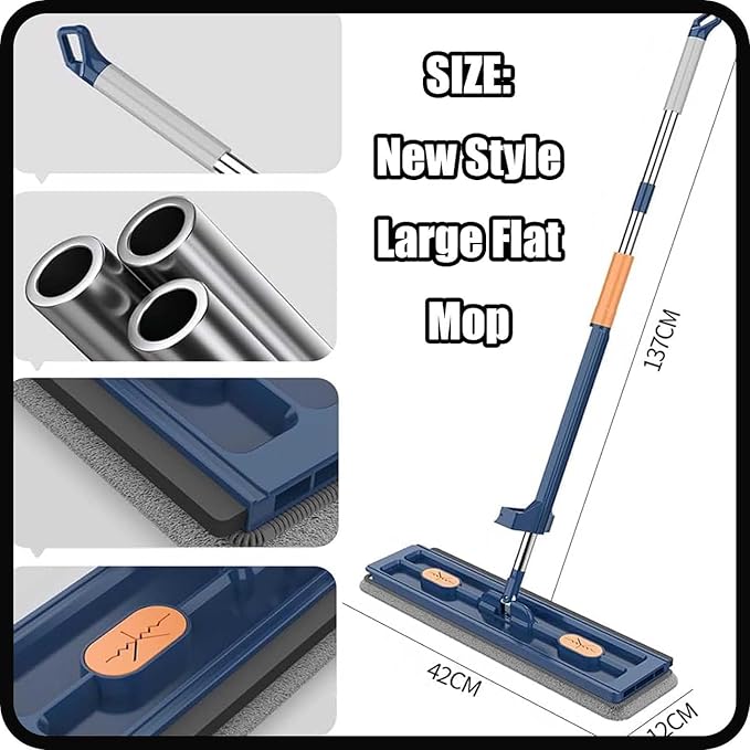Large Flat Mop - Magic Mop 360° Wall Cleaning with Long Handle Stainless Steel Long Handle with 2/4 Microfiber Pads for Floors Corner Window 12027(White Mop+4 Rag)