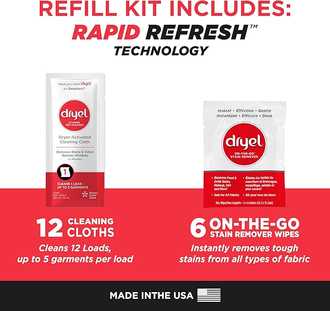 dryel At-Home Dry Cleaner Refill New and Improved Gentle Laundry Care for Special Fabrics and Dry-Clean-Only Clothes 12 Loads with On-the-Go Stain Remover pack of 12