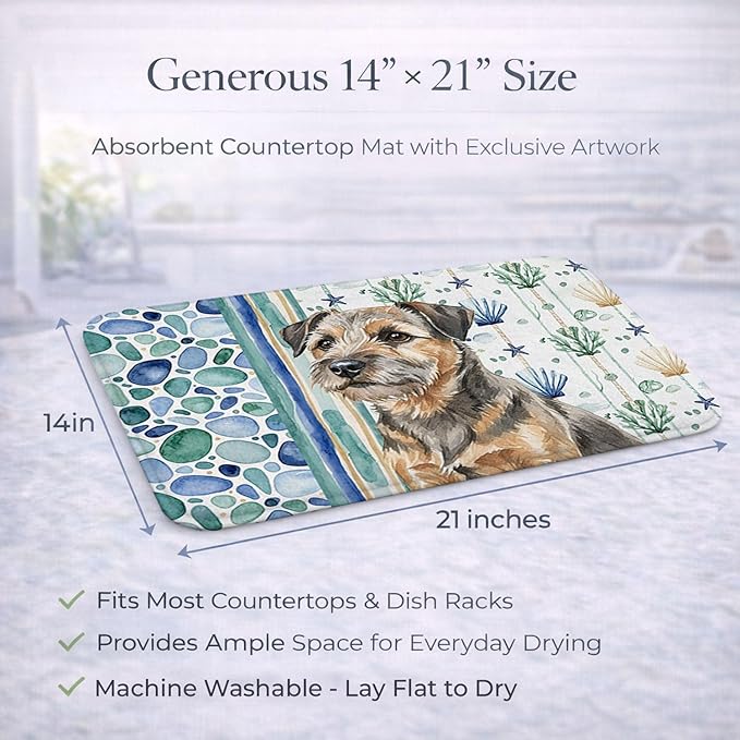 Caroline's Treasures Grizzle and Tan Border Terrier Coastal Sea Glass Dish Drying Mat Absorbent Dish Drying Mat Pad for Kitchen Counter Dish Drainer Mat for Countertop 14 x 21 Multicolor