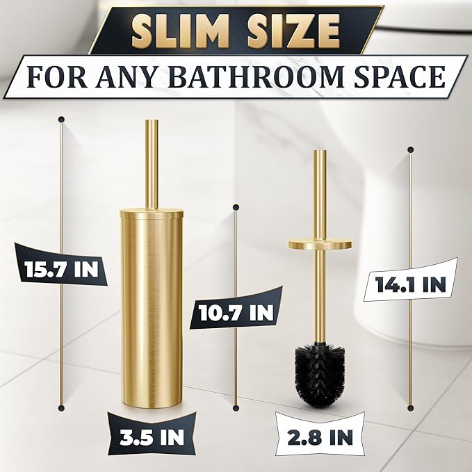 Gold Toilet Brush and Holder Set - Brushed Stainless Steel Gold Toilet Bowl Brush and Holder with Replacable Head Removable Inner Bowl and Splash Protection - Dense Bristles for Through Cleaning
